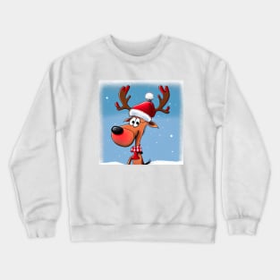 Reindeer Wears a Santa Hat Closeup in Winter Scenery Crewneck Sweatshirt